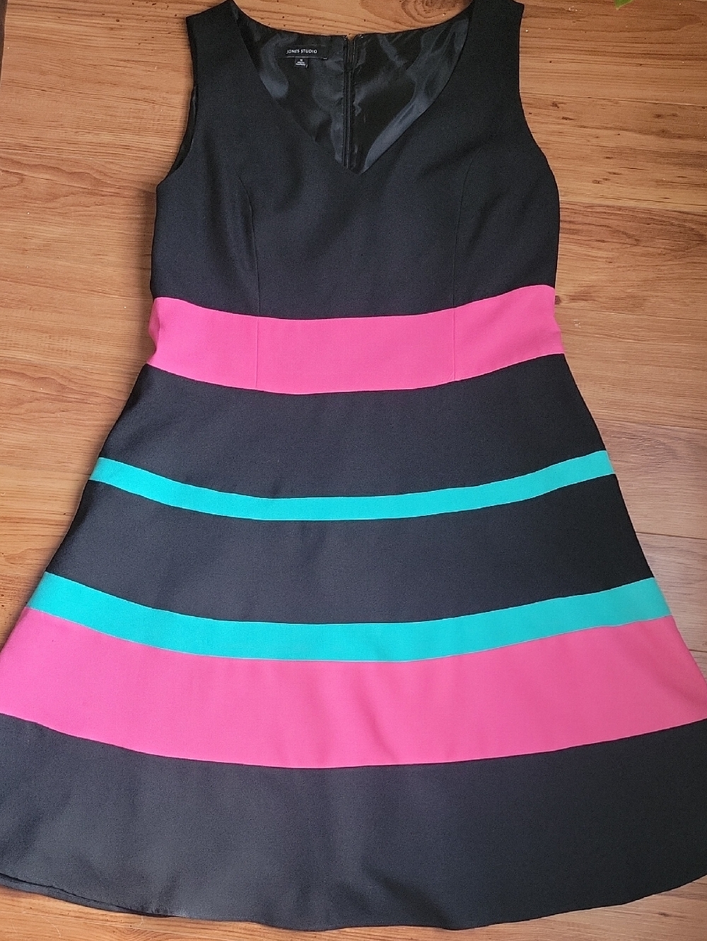 Jones Studio Black Midi Dress with Pink and Teal Stripes